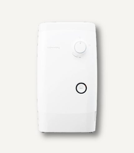 코웨이 BB-14A 연수기 본체 정면 - 욕실 인테리어를 돋보이게 하는 화이트 미니멀 디자인과 직관적인 다이얼 조작부 상세