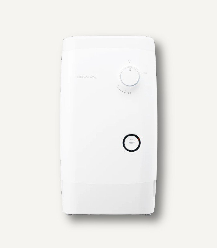 코웨이 BB14A 연수기 제품 외관 및 디자인 상세 Coway USA Rental 코웨이 BB-14A 연수기 본체 정면 - 욕실 인테리어를 돋보이게 하는 화이트 미니멀 디자인과 직관적인 다이얼 조작부 상세