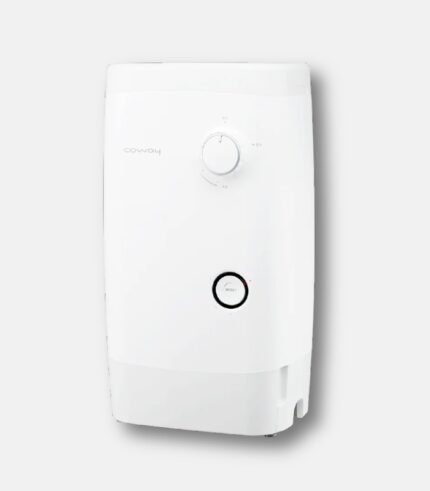 코웨이 BB-14A 연수기 본체 상세 - 중앙의 모드 전환 다이얼과 하단 리셋 버튼이 포함된 슬림한 화이트 디자인