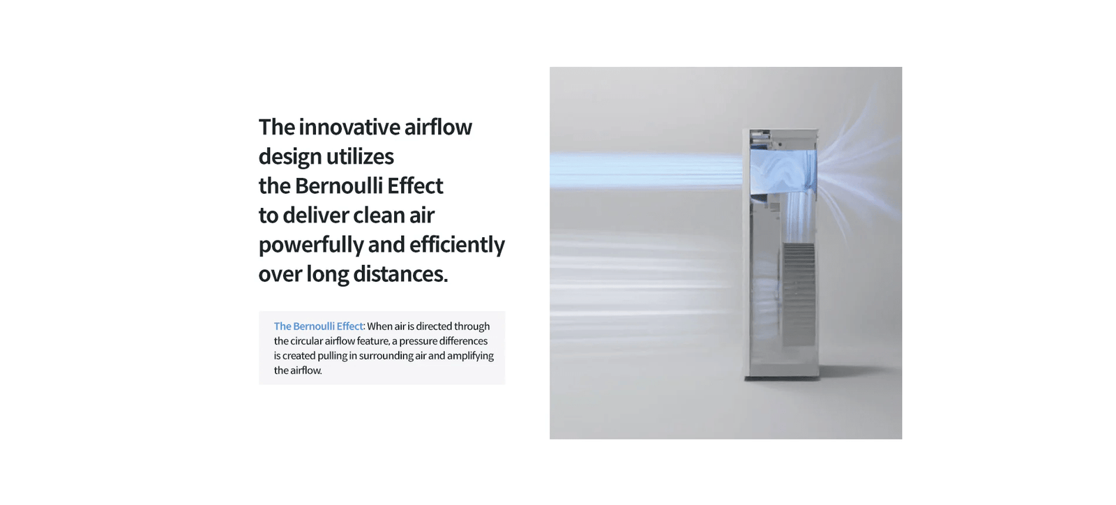 코웨이 멀티 액션 2 공기청정기 베르누이 효과를 이용한 강력한 공기 증폭 및 원거리 정화 기술