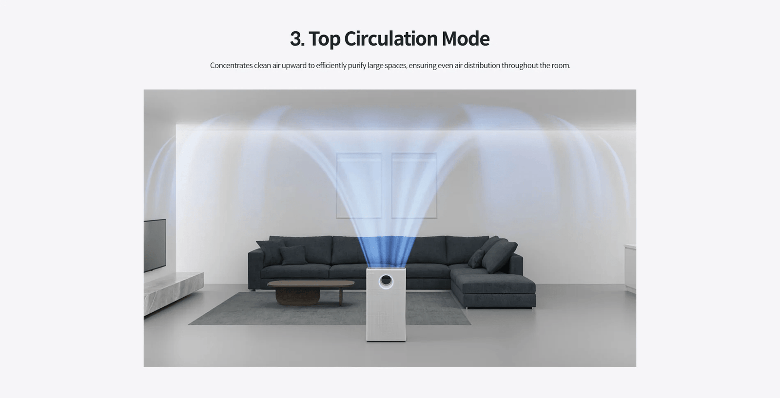 코웨이 멀티 액션 2 공기청정기 상단 순환 모드로 넓은 거실 전체에 깨끗한 공기 배분