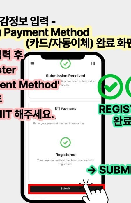 코웨이 온라인 렌탈 신청 중 결제 수단 등록 완료 확인 및 최종 Submit 버튼을 눌러 주문을 제출하는 단계 안내