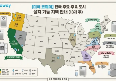 미국 코웨이 전국 주요 주 및 도시별 정수기, 공기청정기, 비데 렌탈 설치 가능 지역 안내 지도 (캘리포니아, 텍사스, 뉴욕, 뉴저지 등 13개 주 서비스 구역)