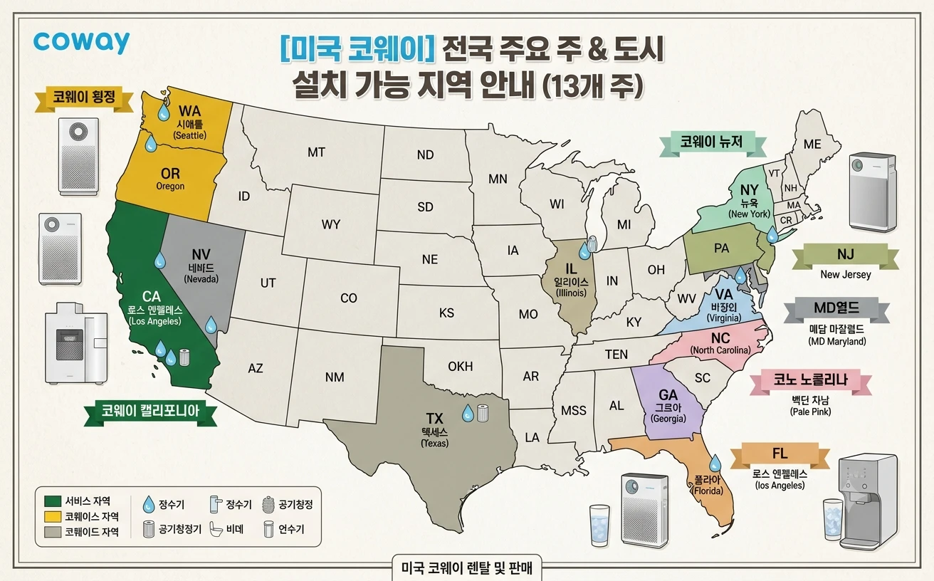 미국 코웨이 전국 주요 주 및 도시별 정수기, 공기청정기, 비데 렌탈 설치 가능 지역 안내 지도 (캘리포니아, 텍사스, 뉴욕, 뉴저지 등 13개 주 서비스 구역)